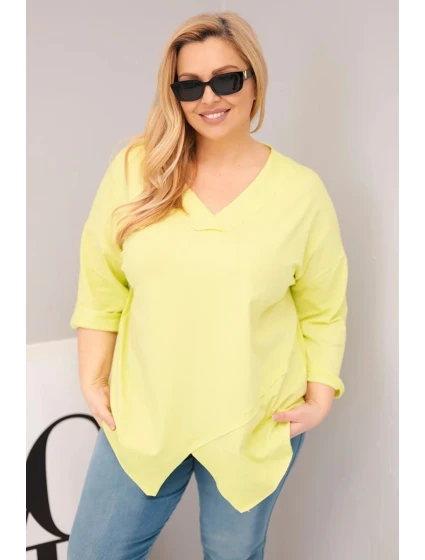 Dámská bavlněná blůza Plus Size s hlubokým V výstřihem a asymetrickým spodním lemem žlutá neon