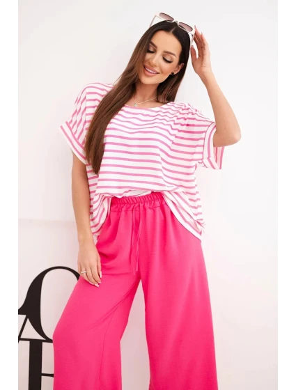 Dámský komplet z viskózy s model 21951955 blůzou a širokými kalhotami s gumou fuchsie - K-Fashion