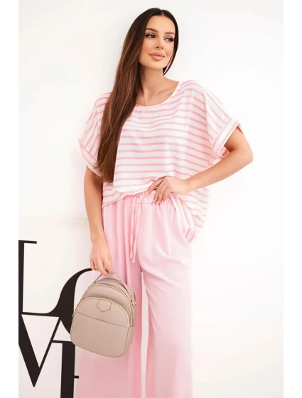 Dámský komplet z viskózy s model 21951963 blůzou a širokými kalhotami s gumou pudrově růžový - K-Fashion