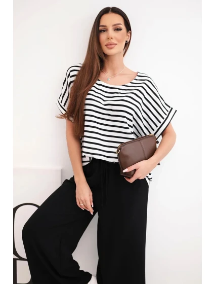 Dámská viskózová souprava s model 21951965 blůzou a širokými kalhotami s gumou černý - K-Fashion