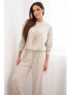 Dámský komplet viskózová mikina s přívěskem a široké kalhoty béžový