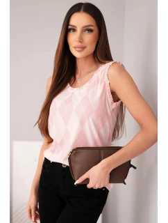 Dámská viskózová bez rukávů blůza s model 21954924 a volánkem u výstřihu pudrově růžová - K-Fashion