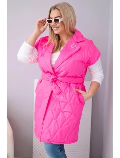 Dámská vesta Plus Size prošívaná s páskem a límcem neonově růžová