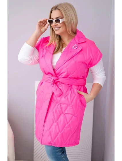 Dámská vesta Plus Size prošívaná s páskem a límcem neonově růžová