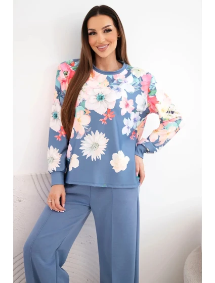 Dámský máslový viskózový komplet s květinovým vzorem a širokými nohavicemi model 22014235 - K-Fashion