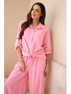 Dámský bavlněný komplet s košilí na zavazování a širokými nohavicemi světle růžová