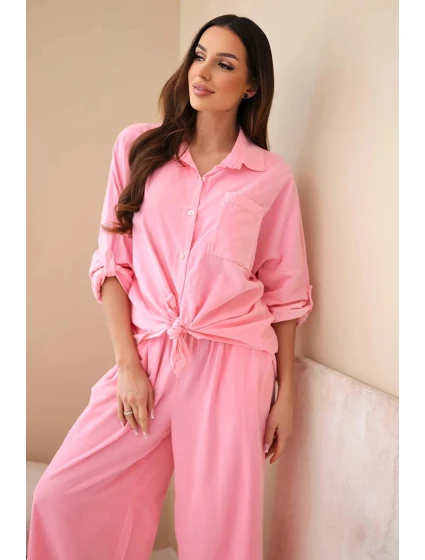Dámský bavlněný komplet s košilí na zavazování a širokými nohavicemi světle růžová