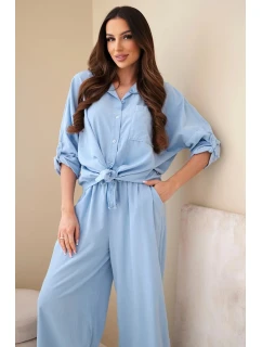 Dámský bavlněný komplet s model 22015462 košilí a širokými nohavicemi modrý - K-Fashion