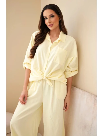 Dámský bavlněný komplet s model 22015466 košilí a širokými nohavicemi žlutý - K-Fashion