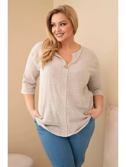 Dámská bavlněná halenka Plus Size s výstřihem na knoflíky béžová