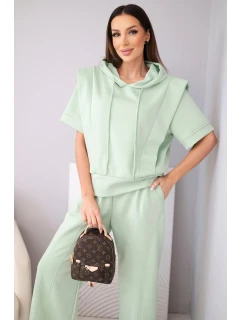 Dámský komplet máslová mikina s kapucí a volné kalhoty se šňůrkou tmavě mátová