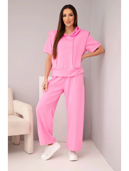 Dámský máslový komplet mikina s kapucí a volné kalhoty se šňůrkou světle růžová