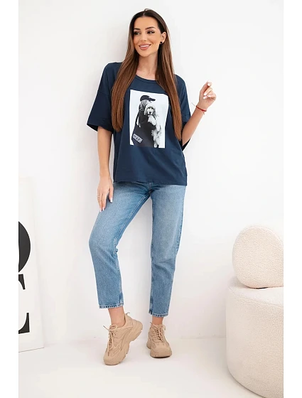 Dámská bavlněná oversize halenka s krátkým rukávem a módním potiskem námořnická modrá