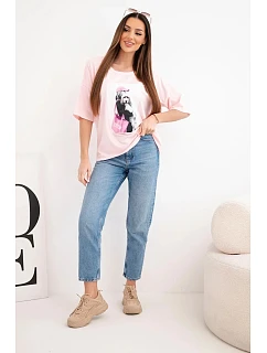 Dámská bavlněná oversize halenka s krátkým rukávem a módním potiskem pudrově růžová