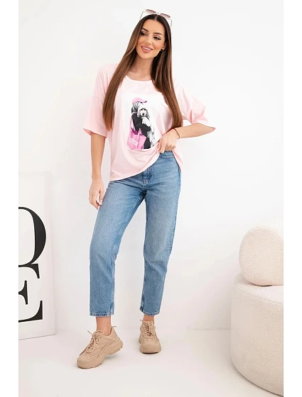 Dámská bavlněná oversize halenka s krátkým rukávem a módním potiskem pudrově růžová