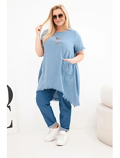 Dámské bavlněné šaty Plus Size s delším zadním dílem a kapsou džínová