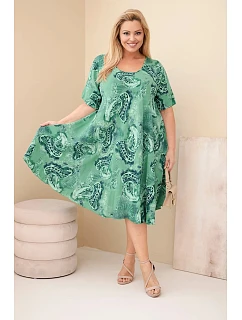 Dámské viskózové šaty Plus Size s krátkým rukávem a paisley střihem zelená