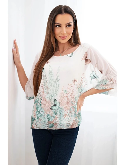 Dámská halenka s plisovaným rukávem a potiskem mentolová