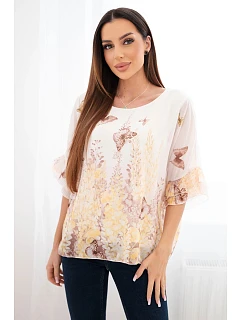 Dámská halenka s plisovaným rukávem a potiskem žlutá