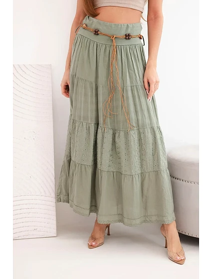 Dámská maxi bavlněná sukně s model 22048759 výšivkou a elastickým pasem khaki - K-Fashion