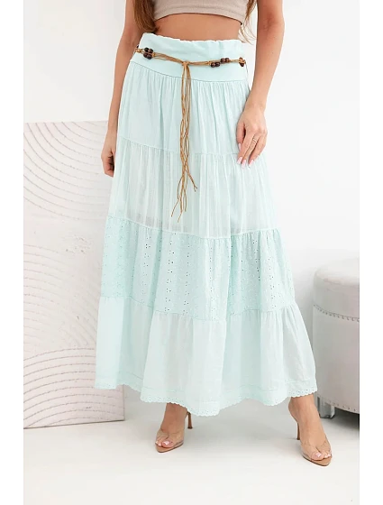 Dámská maxi bavlněná sukně s ažurovým model 22048769 a elastickým pasem mátová - K-Fashion