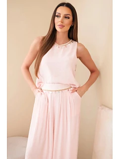 Dámský komplet z viskózy s model 22048797 bez rukávů a širokými kalhotami s ozdobným zakončením pudrově růžová - K-Fashion