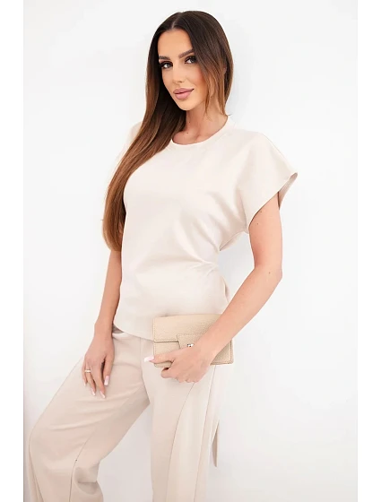 Dámský měkký komplet s halenkou s krátkým rukávem a kalhotami se širokou nohavicí béžový