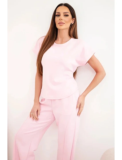 Dámský komplet z  materiálu s halenkou s krátkým rukávem a širokými nohavicemi bonbónově růžová model 22048833 - K-Fashion
