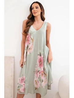 Dámské bavlněné oversize šaty s výstřihem do V a květinovým potiskem khaki