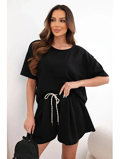 Dámský viskózový komplet v máslové model 22077198 s krátkým rukávem a kraťasy s vysokým pasem černý - K-Fashion