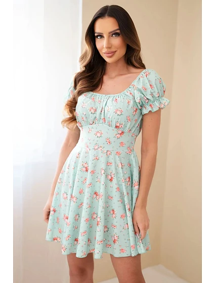 Dámské šaty s květinovým vzorem, nabíraným rukávem a elastickým pasem mentolová