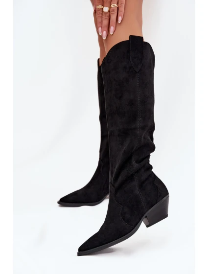 Zateplené Kůže Bota Kovbojky Na Podpatku Z Eko Černé model 21710814 - Boto