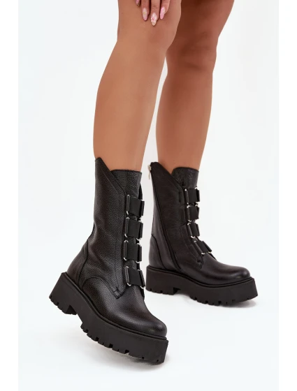 Dámské kotníkové boty z přírodní kůže na platformě model 21713280 Černé - Zazoo