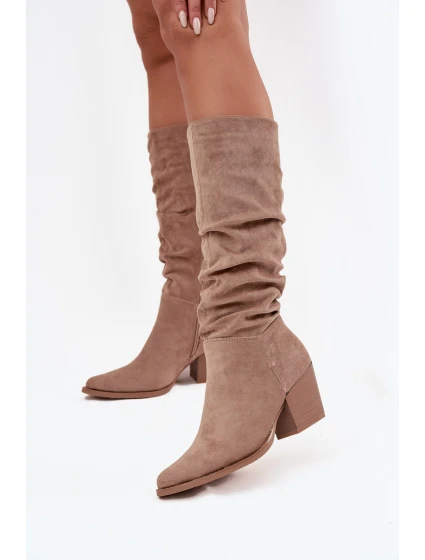 Dámské kozačky s horní částí na podpatku vyhřívané béžové model 21715049 - Boto