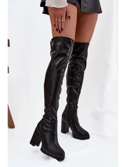 Dámské kozačky nad koleno na podpatku eko kůže černé model 21747894 - Boto