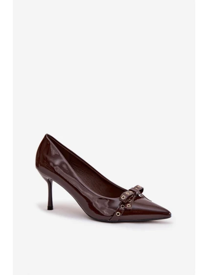 Lakované lodičky s mašlí čokoládové model 21757614 - Boto