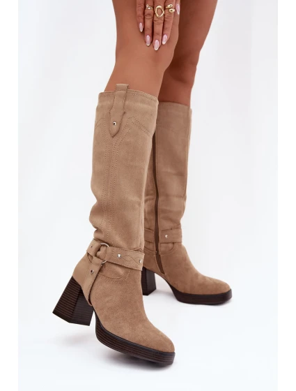 Zateplené dámské kozačky na podpatku s béžové model 21772337 - Boto