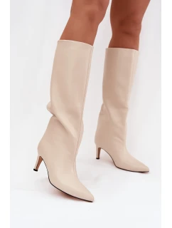 Dámské nazouvací vyhřívané kozačky na model 21757911 světle béžové olivové - Boto