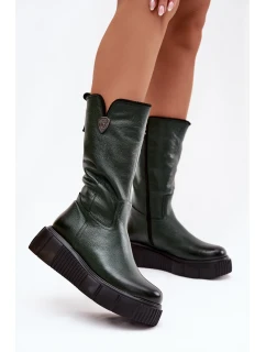 model 21772344 Kožené dámské kozačky s vlnou olivové - Zazoo