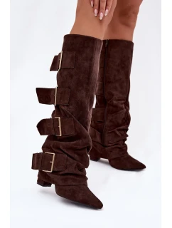 Dámské kozačky na podpatku s  lemem a zlatými Eco semiš čokoládové model 21786876 - Boto