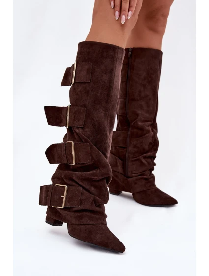 Dámské kozačky na podpatku s  lemem a zlatými Eco semiš čokoládové model 21786876 - Boto