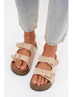 Dámské pantofle na korkové platformě se zlatými sponami světle béžové model 21919272 - EVENTO