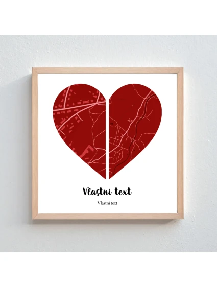 Plakát v rámu - čtverec 20x20 - dvě mapy jako srdce Plakát v rámu - čtverec 20x20 - dvě mapy jako srdce