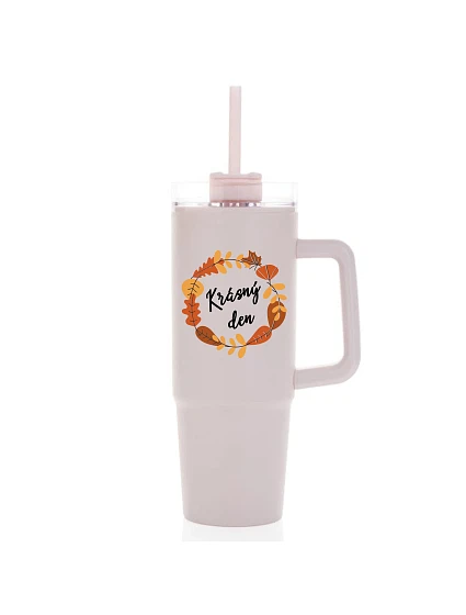KRÁSNÝ DEN (PODZIM) - růžový cestovní termohrnek s průhledným víčkem 900 ml  