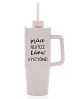 PRÁCE NEUTEČE, KÁVA VYSTYDNE! - růžový cestovní termohrnek s průhledným víčkem 900 ml