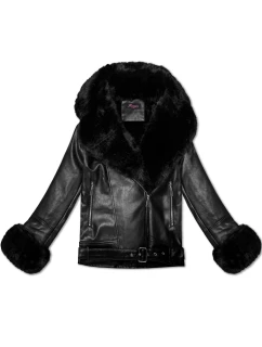 Dámská bunda ramoneska s kožešinovým límcem (61M8507-392A) černá - Goodlooking