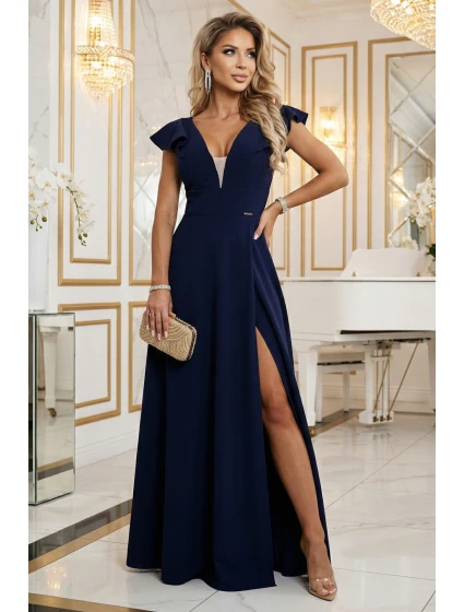 Dámské elegantní maxi šaty s volánky 660-1 tmavě modré - Numoco Dámské elegantní maxi šaty s volánky 660-1 tmavě modré - Numoco