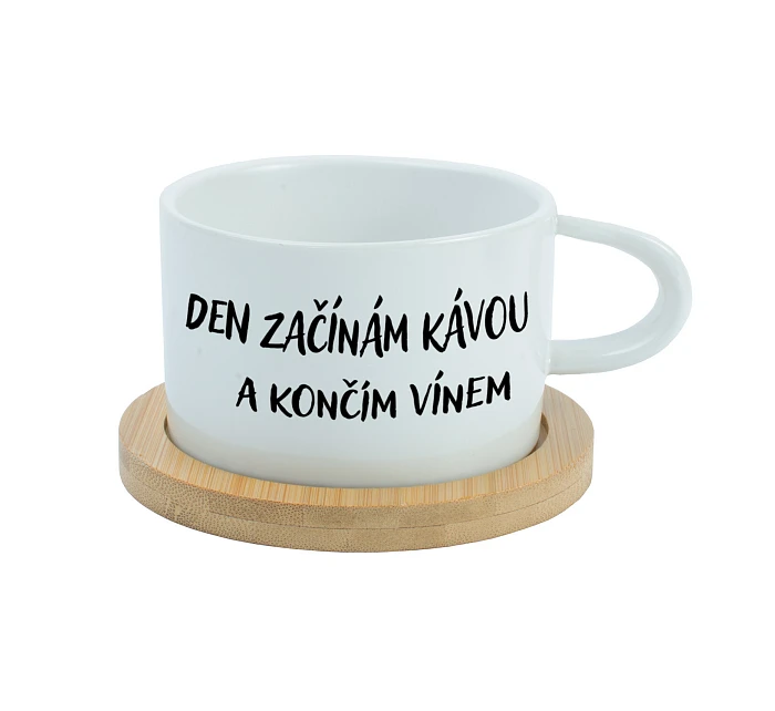 DEN ZAČÍNÁM KÁVOU A KONČÍM VÍNEM - bílý hrníček makronka 200 ml DEN ZAČÍNÁM KÁVOU A KONČÍM VÍNEM - bílý hrníček makronka 200 ml
