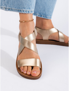 Klasické zlaté  sandály dámské na plochém podpatku