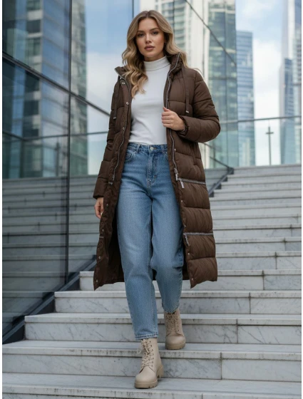 Dámská zimní dlouhá bunda hnědá Dstreet TY5475 Dámská zimní dlouhá bunda hnědá Dstreet TY5475